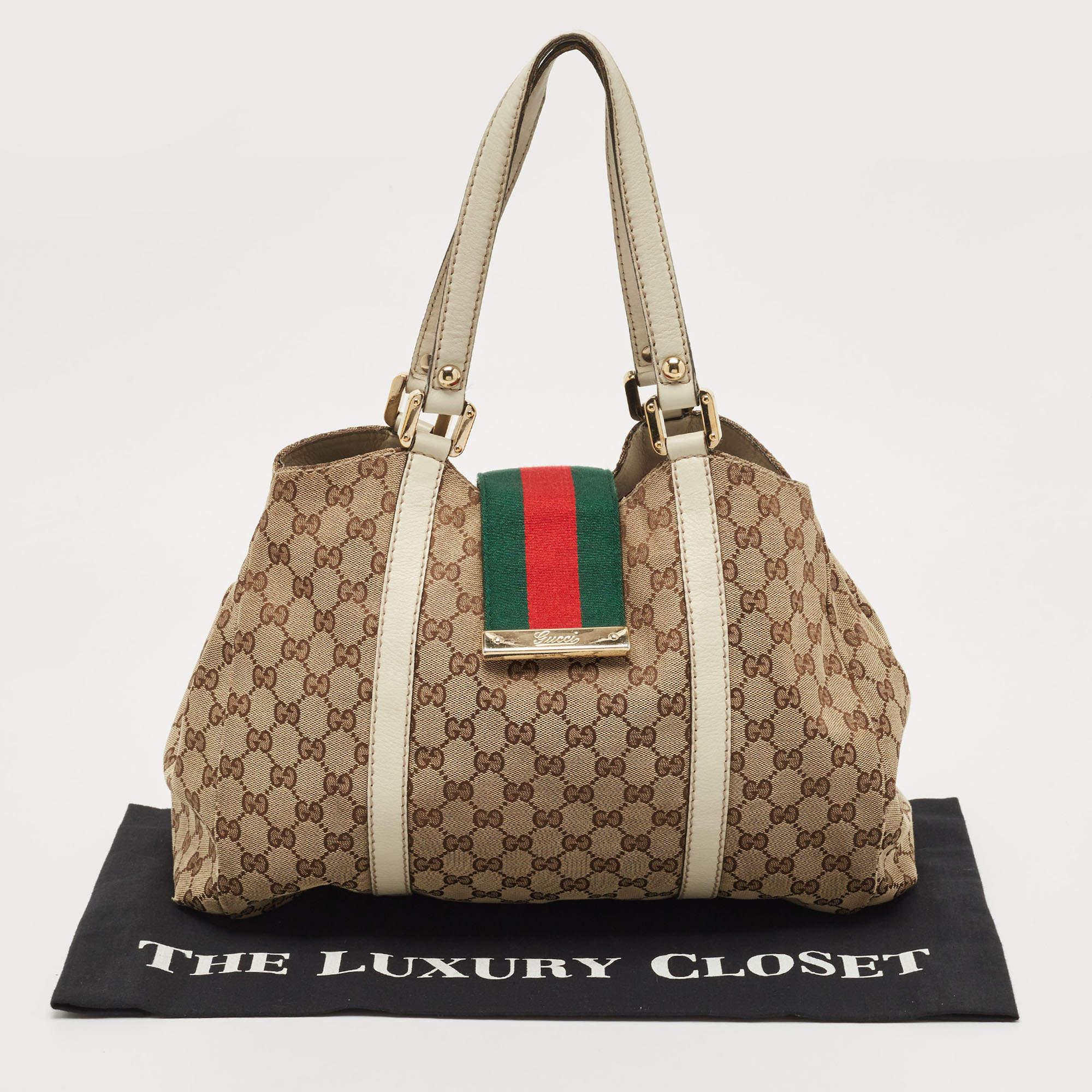 Gucci White/Beige GG Canvas and Leather New Ladies Web Tote For Sale 3