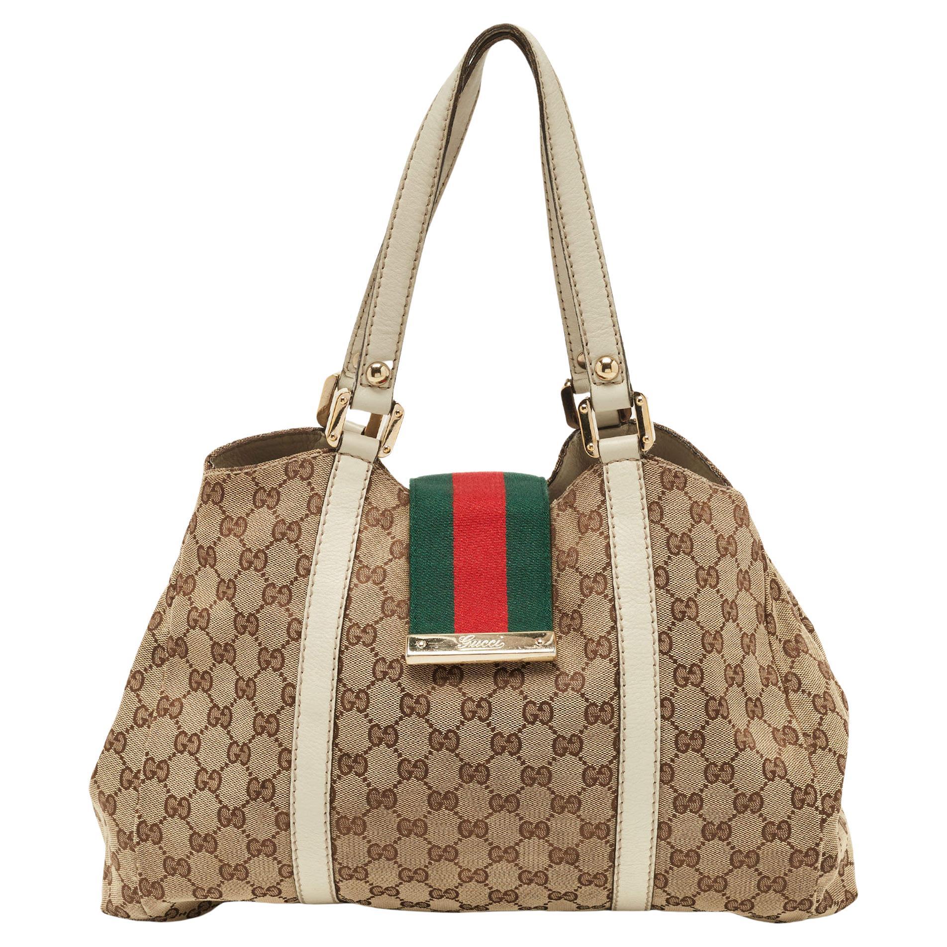 Gucci White/Beige GG Canvas and Leather New Ladies Web Tote For Sale