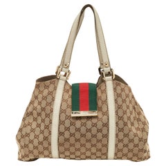 Gucci White/Beige GG Canvas and Leather New Ladies Web Tote