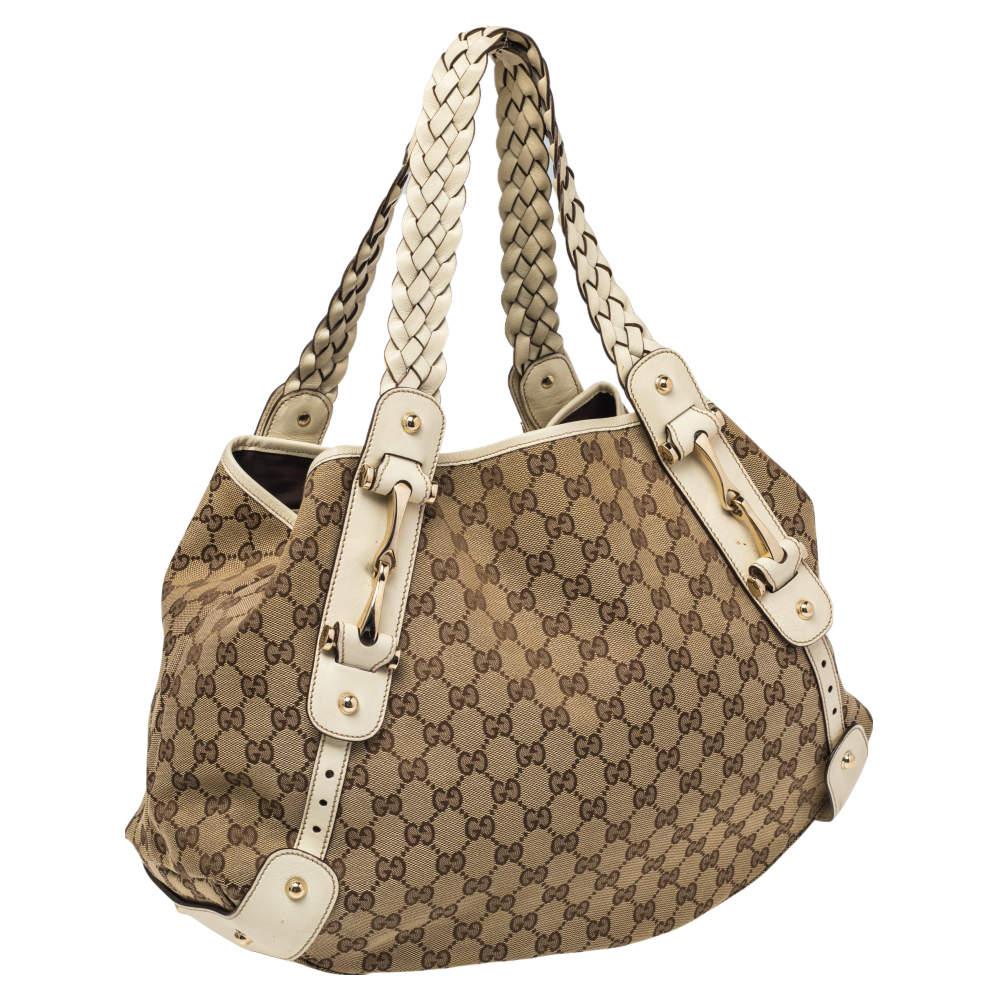 Brown Gucci White/Beige GG Canvas and Leather Pelham Tote