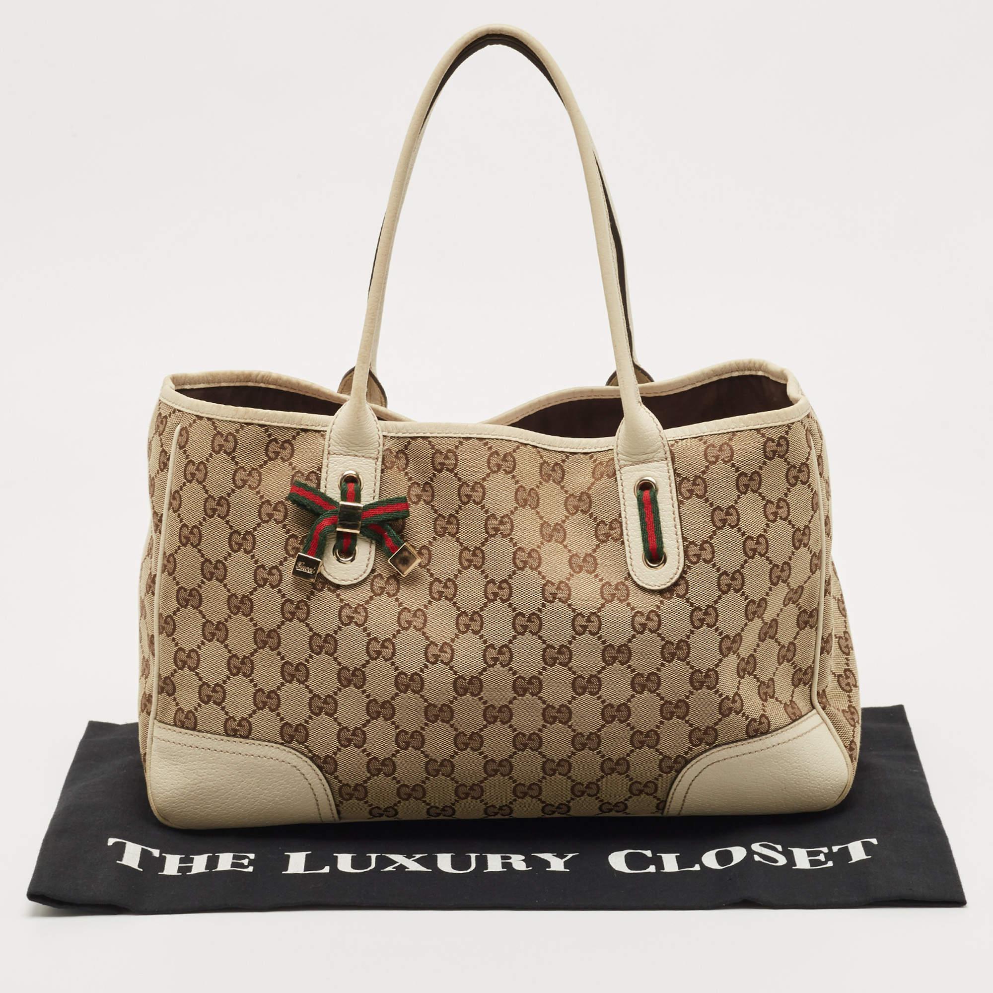 Gucci White/Beige GG Canvas and Leather Princy Tote For Sale 14
