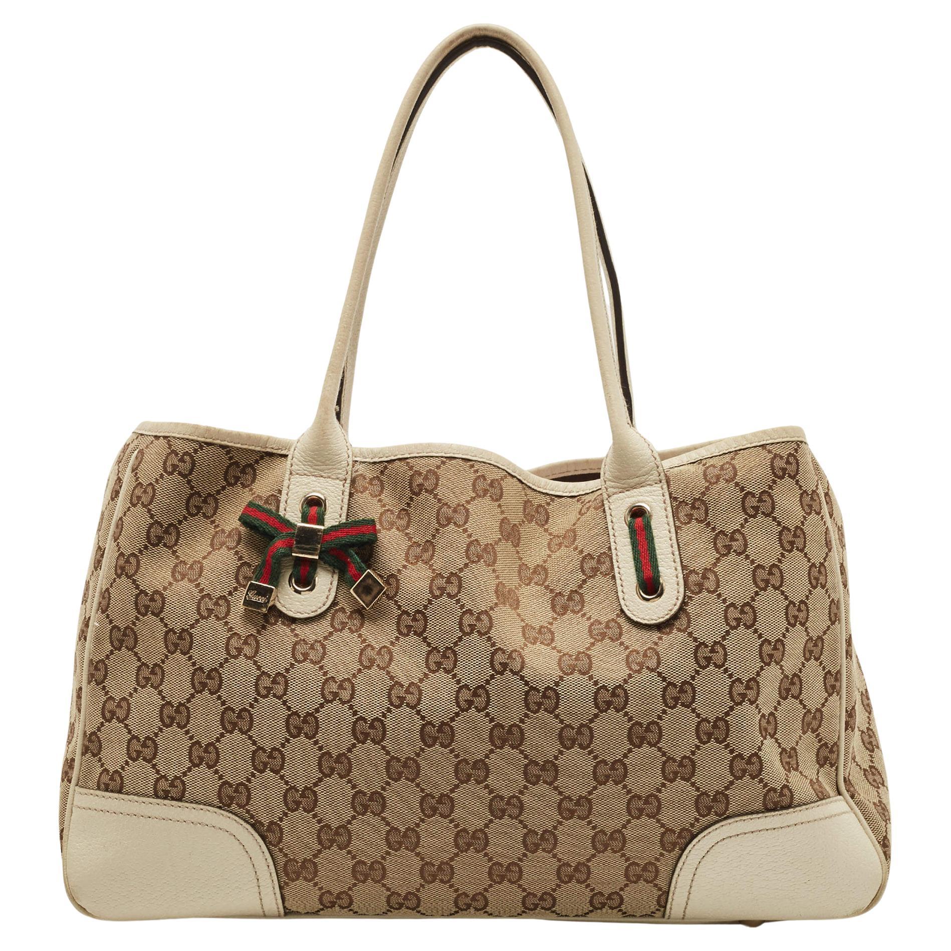 Gucci White/Beige GG Canvas and Leather Princy Tote For Sale