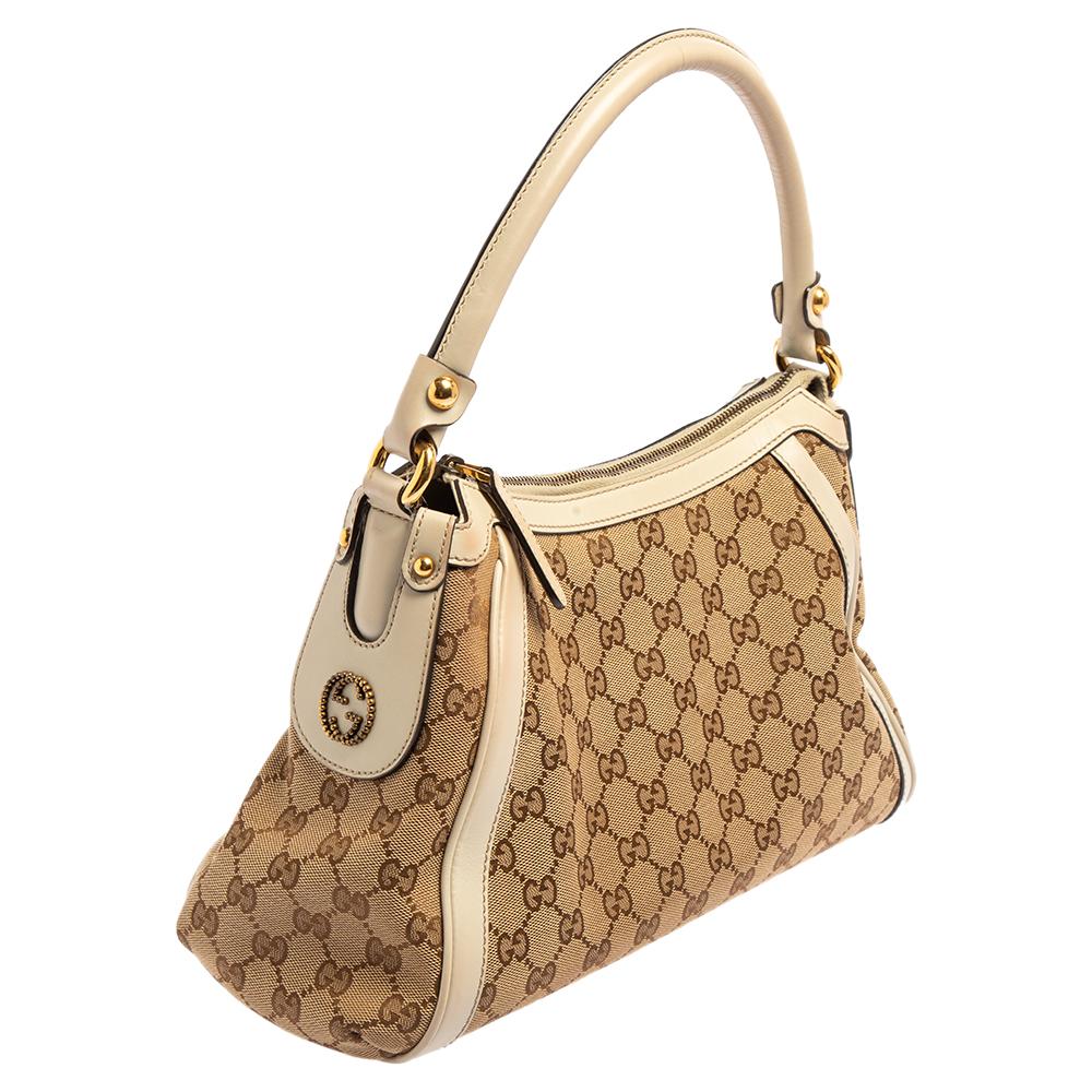 Weiß/Beige GG Segeltuch und Leder Scarlett Hobo von Gucci (Braun)