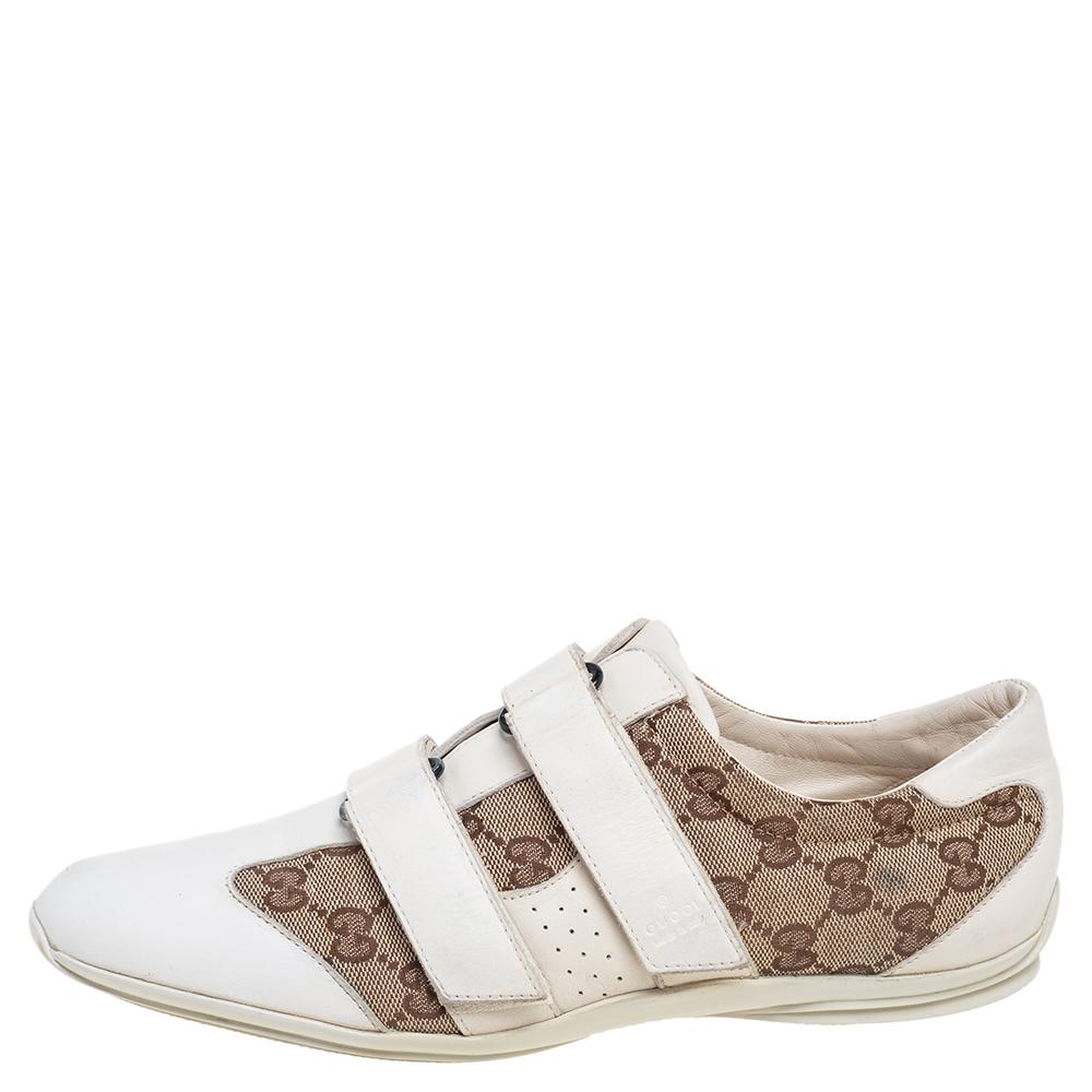Gucci White-Beige GG Canvas and Leather Velcro Sneakers Size 40 In Good Condition In Dubai, Al Qouz 2