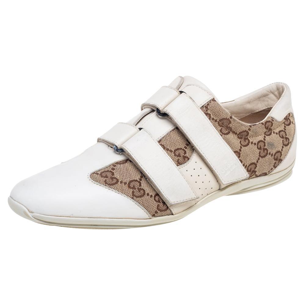 Gucci White-Beige GG Canvas and Leather Velcro Sneakers Size 40