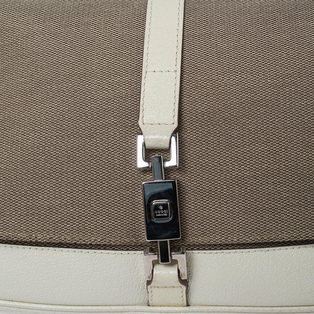 Gucci White/Beige Leather and Canvas Jackie O Flap Baguette Bag 2