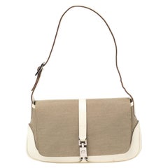 Gucci White/Beige Leather and Canvas Jackie O Flap Baguette Bag