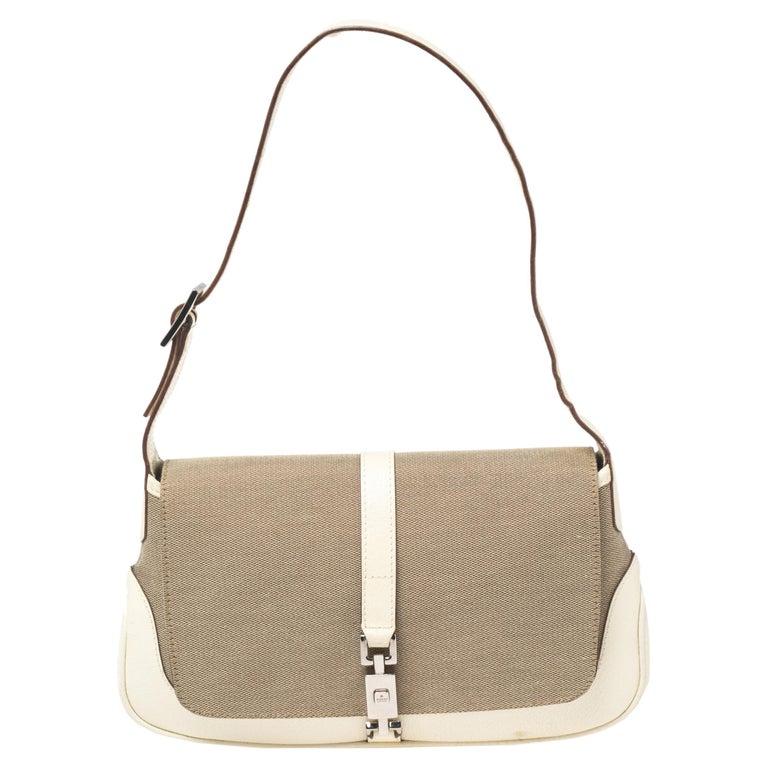 Gucci White/Beige Leather and Canvas Jackie O Flap Baguette Bag at 1stDibs