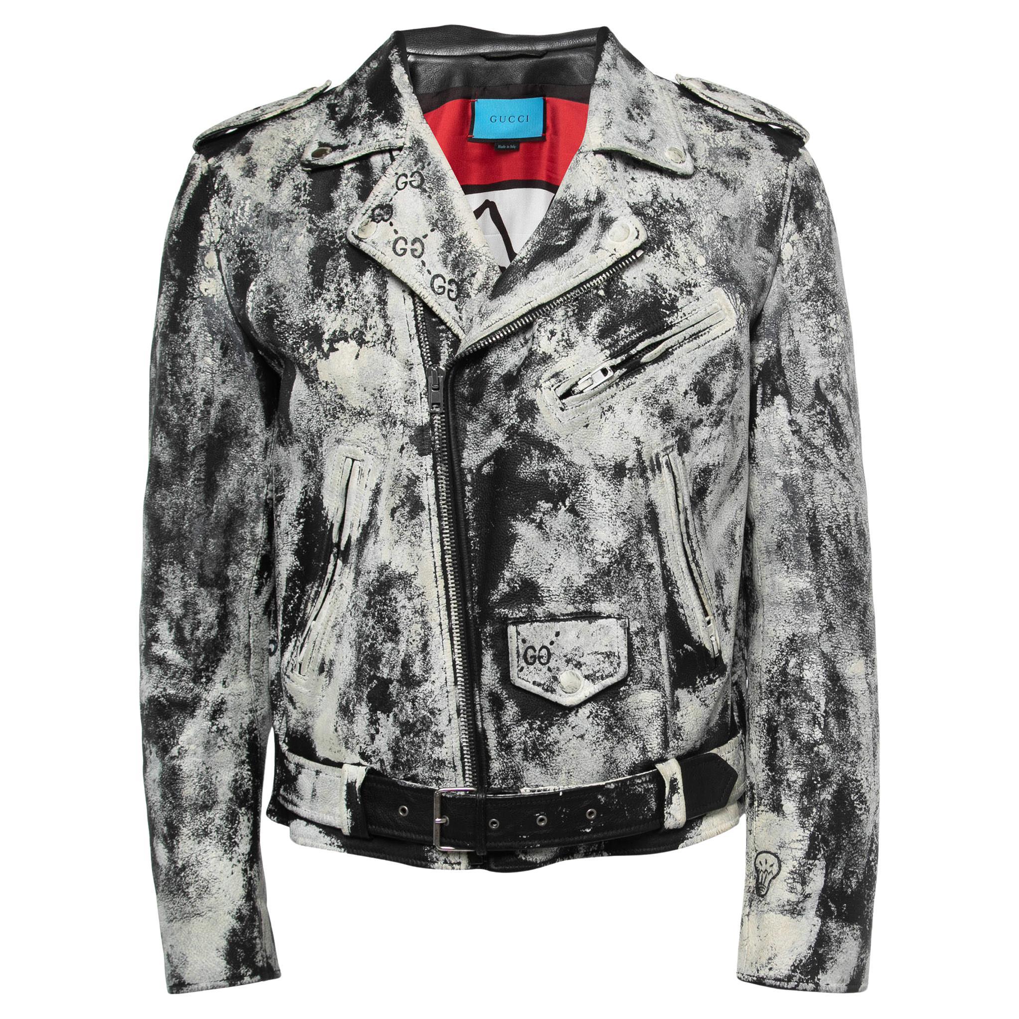 Gucci White/Black Hand Painted Leather Patch Detail Biker Jacket  For Sale