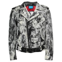 Gucci White/Black Hand Painted Leather Patch Detail Biker Jacket 