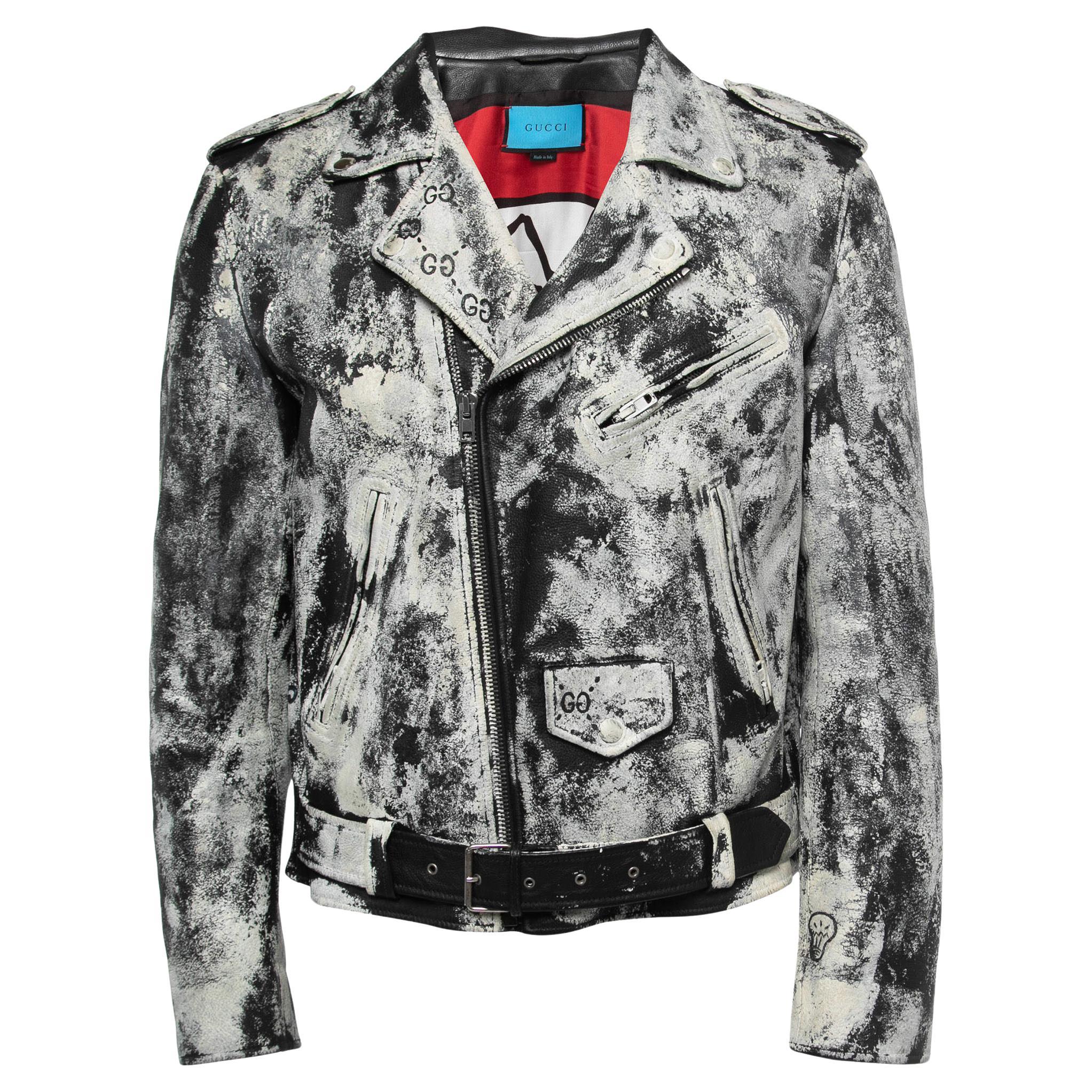 Gucci Weiß/Schwarz Handgemalte Leder Patch Detail Biker Jacke im Angebot