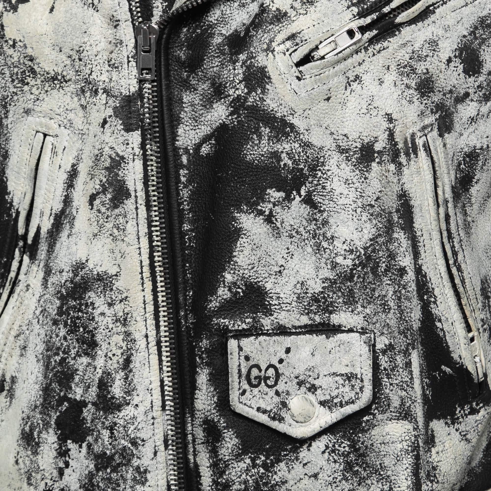 Gray Gucci White/Black Hand Painted Leather Patch Detail Biker Jacket M For Sale