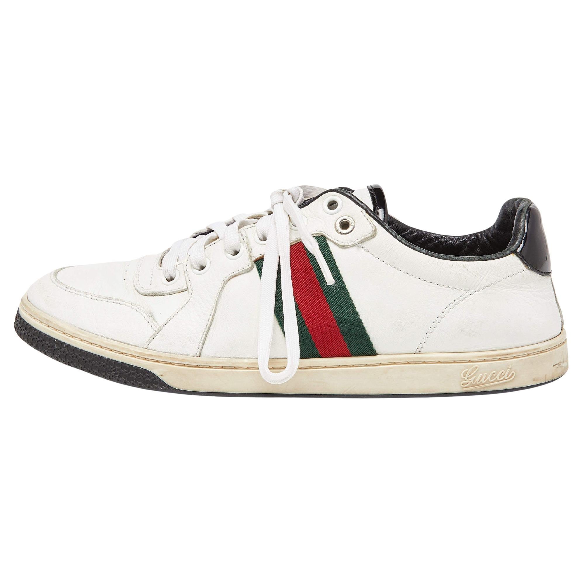Gucci White/Black Leather Ace Web Detail Low Top Sneakers Size 39 For Sale