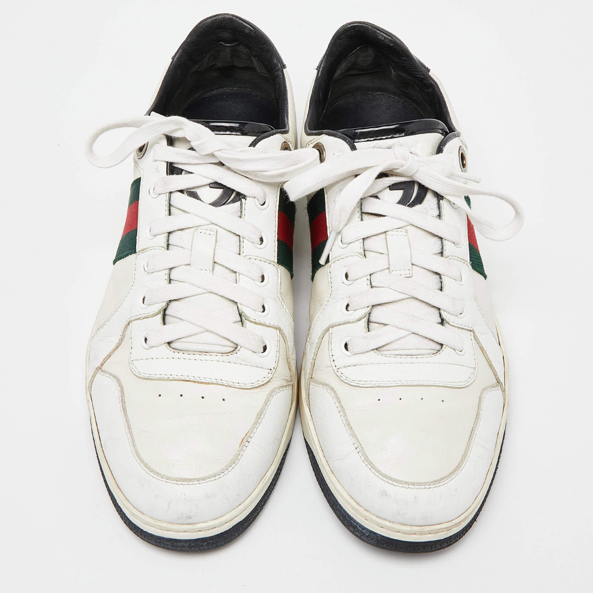 Beige Gucci White/Black Leather Ace Web Detail Low Top Sneakers Size 43 en vente