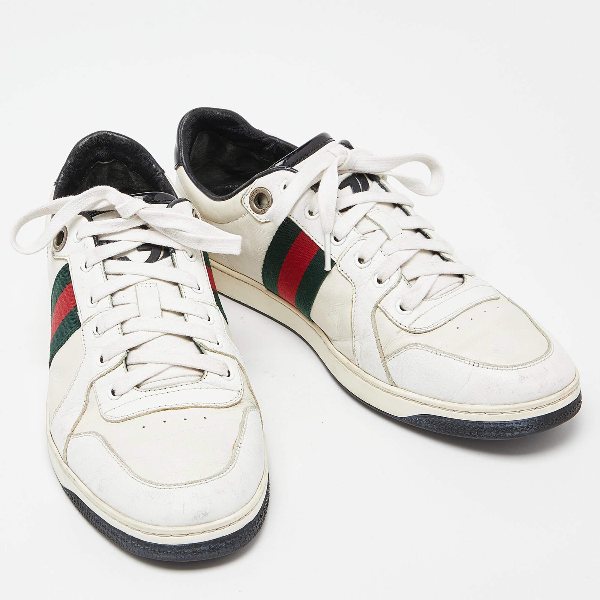 Men's Gucci White/Black Leather Ace Web Detail Low Top Sneakers Size 43 For Sale
