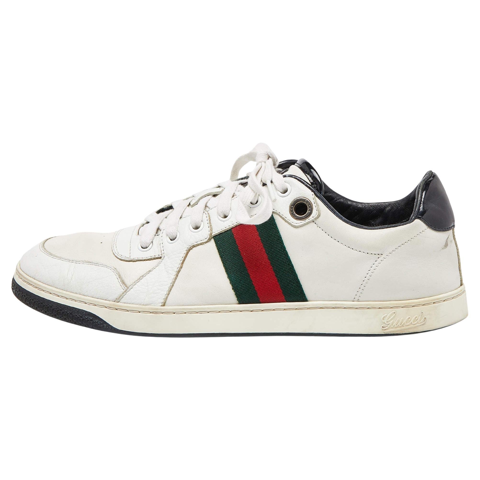 Gucci White/Black Leather Ace Web Detail Low Top Sneakers Size 43 For Sale