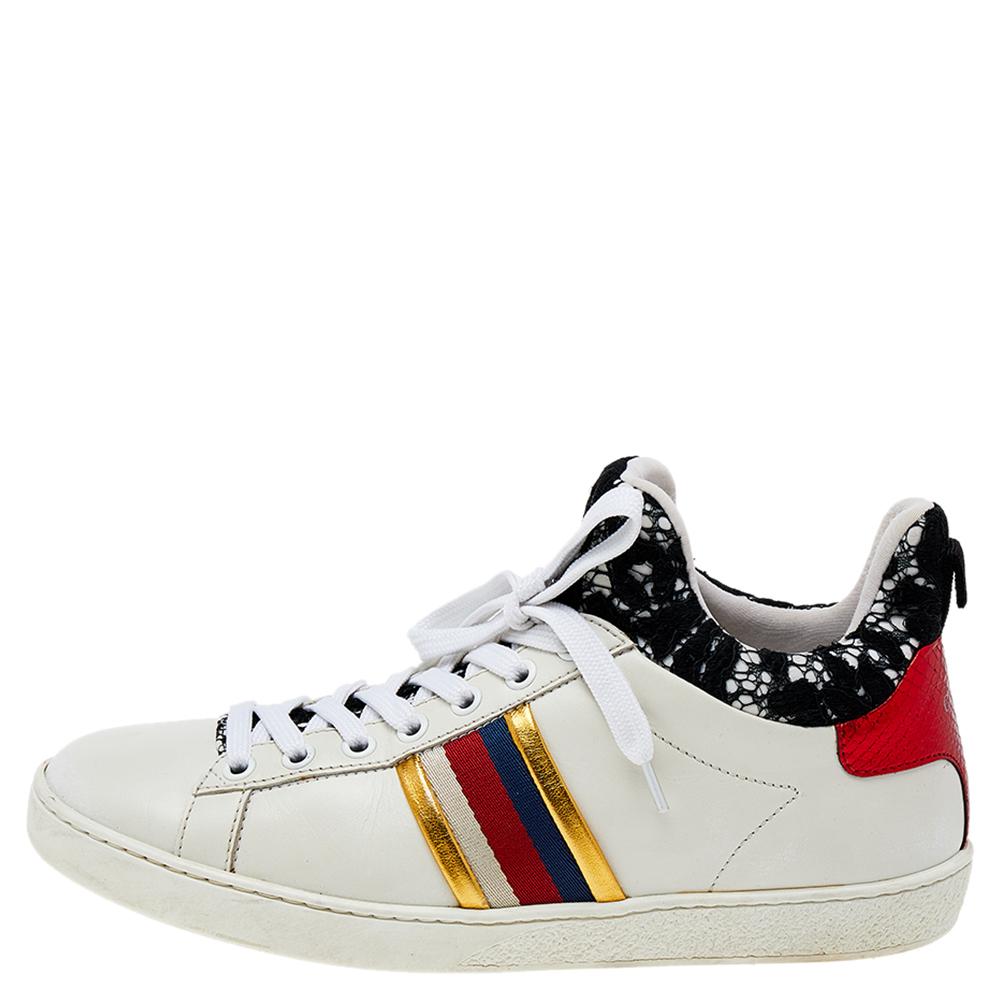 These Gucci Ace high-top sneakers project an effortless style. The sneakers are crafted from leather and designed with lace-ups on the vamps, lace on the collar, a striped panel on the sides, and the label on the counters.