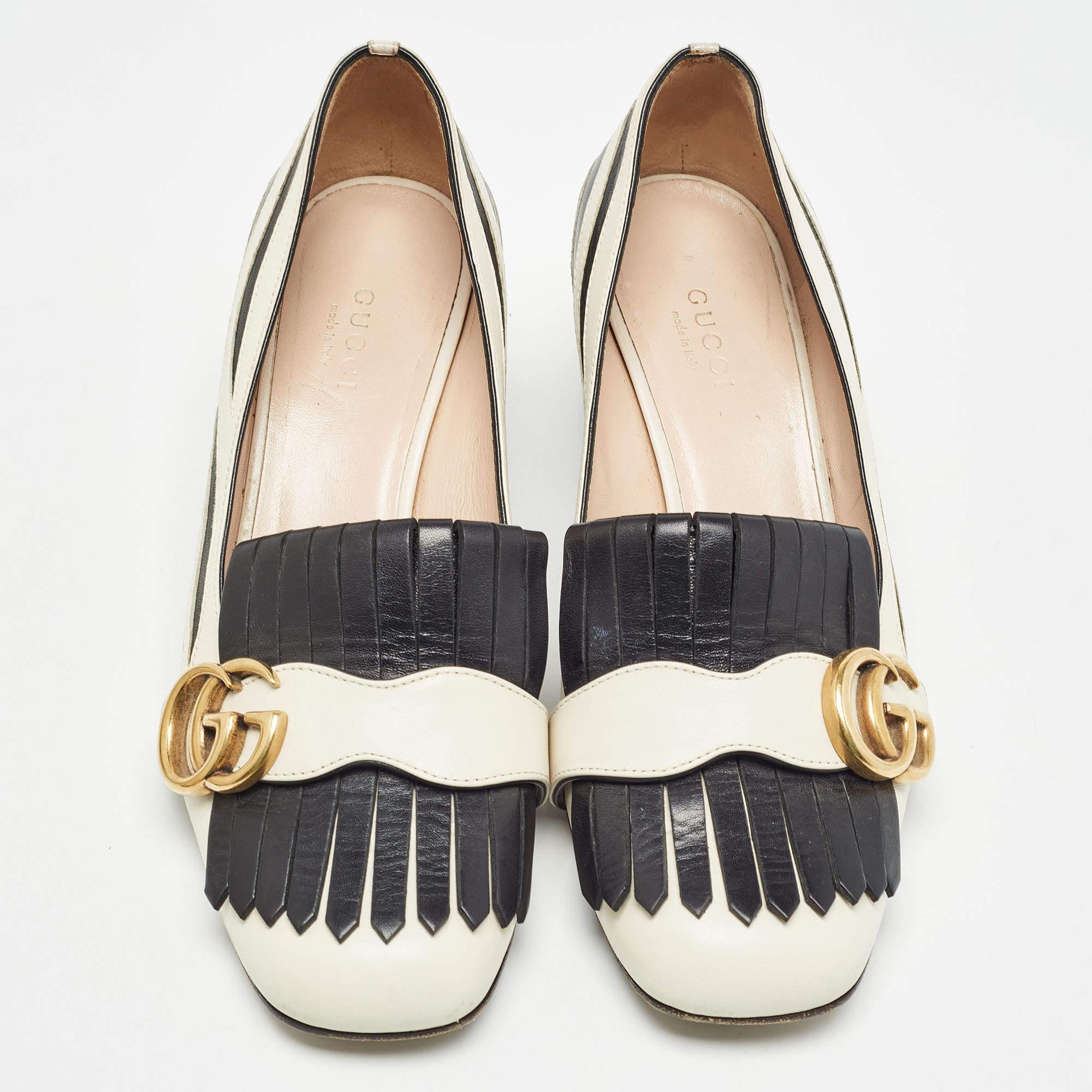 Gucci White/Black Leather GG Marmont Fringed Pumps Size 36.5 In Good Condition In Dubai, Al Qouz 2