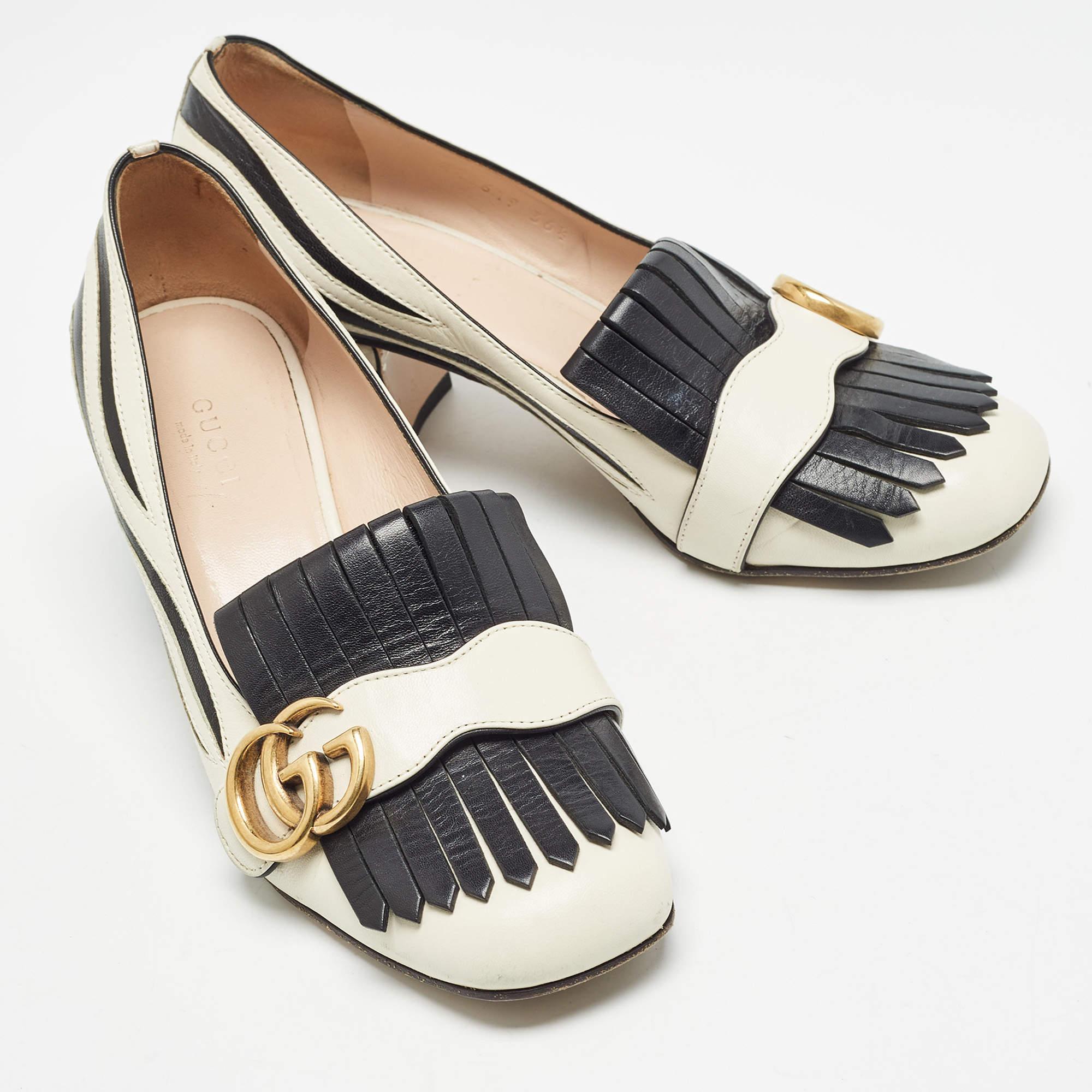 Women's Gucci White/Black Leather GG Marmont Fringed Pumps Size 36.5