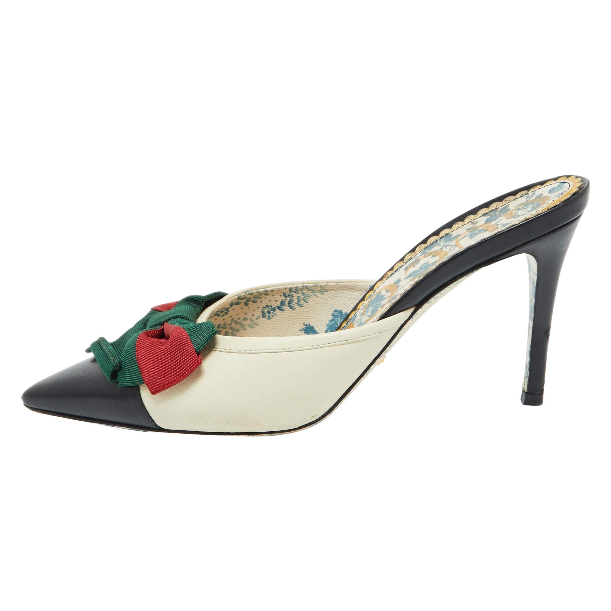 Gucci White/Black Leather Sackville Pointed Toe Web Bow Mules Size 37