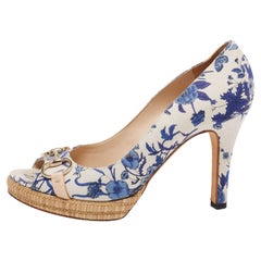 Used Gucci White/Blue Floral Print Canvas Horsebit Peep Toe Platform Pumps Size 40.5