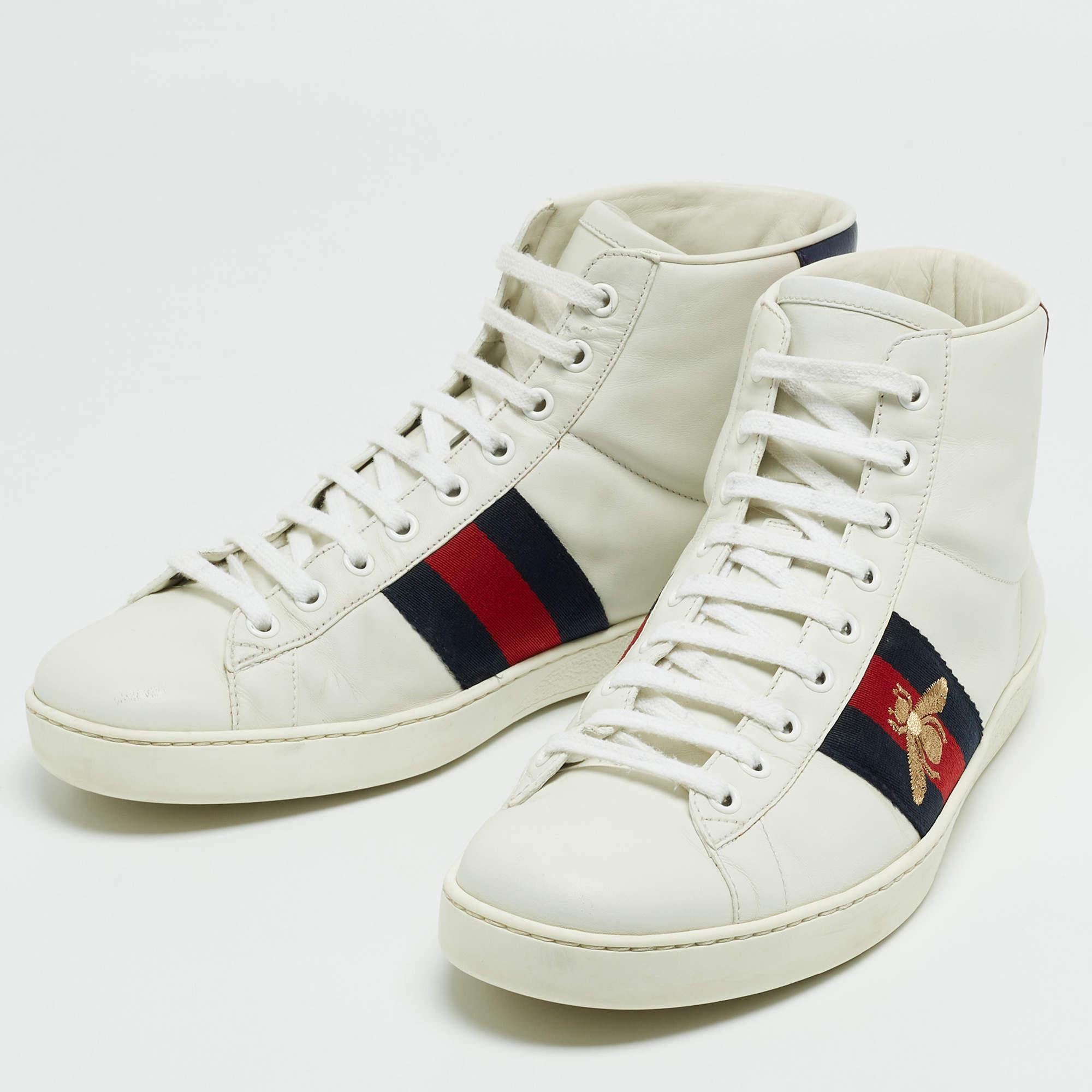 Gucci White/Blue Leather Embroidered Bee Web Ace High-Top Sneakers Size 41.5 1