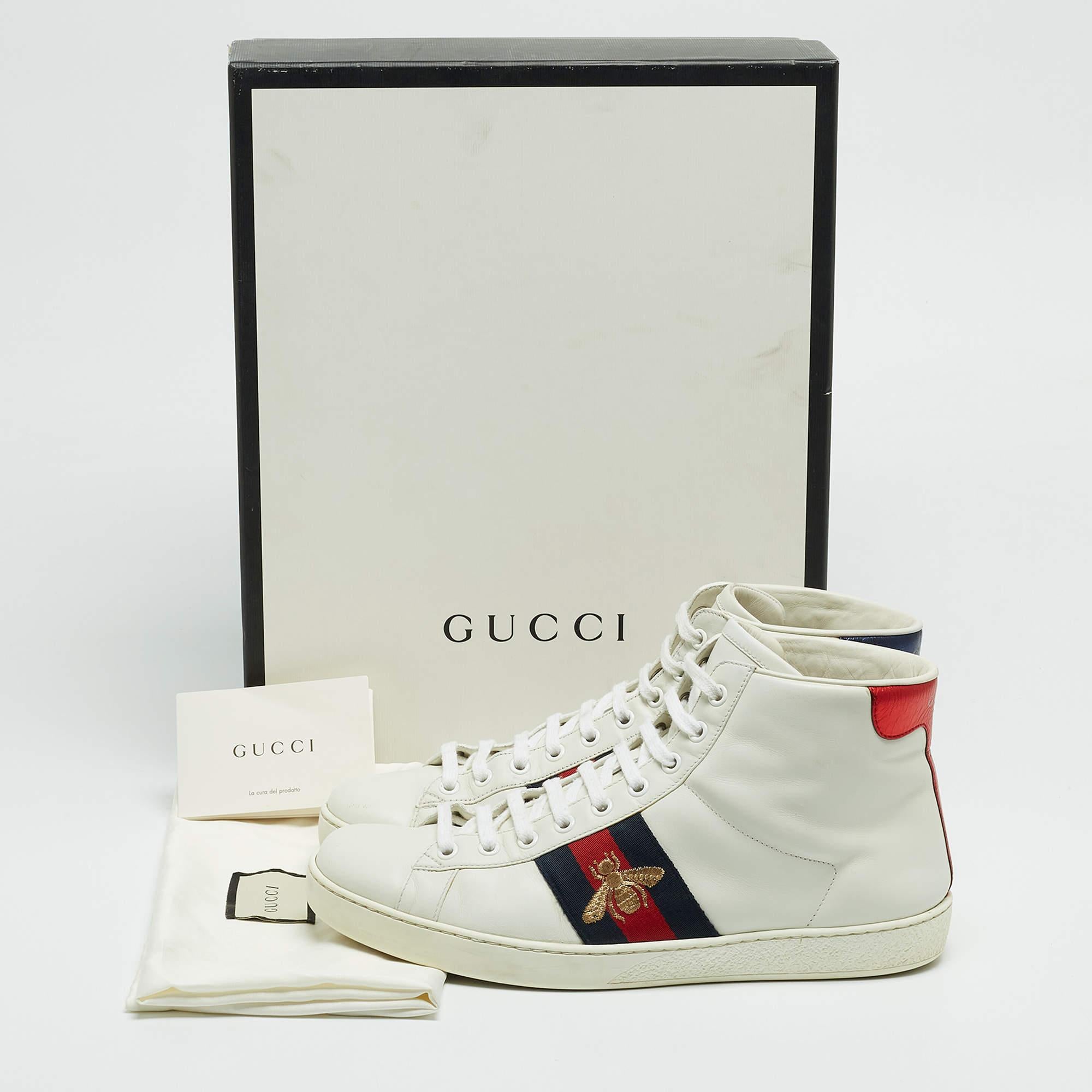 Gucci White/Blue Leather Embroidered Bee Web Ace High-Top Sneakers Size 41.5 4