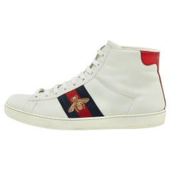 Gucci White/Blue Leather Embroidered Bee Web Ace High-Top Sneakers Size 41.5