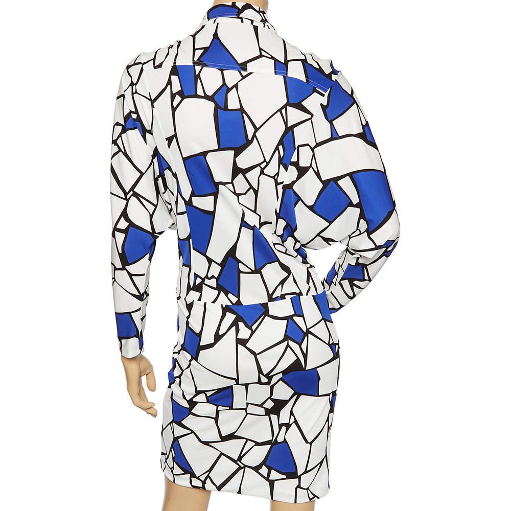 Gray Gucci White & Blue Printed Jersey Front Tie Detail Draped Dress XS