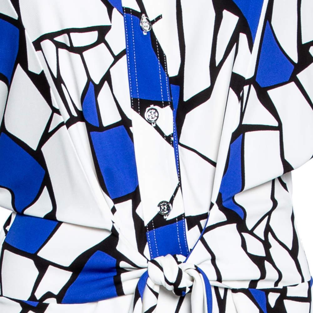 Gucci White & Blue Printed Jersey Front Tie Detail Draped Dress XS In Fair Condition In Dubai, Al Qouz 2