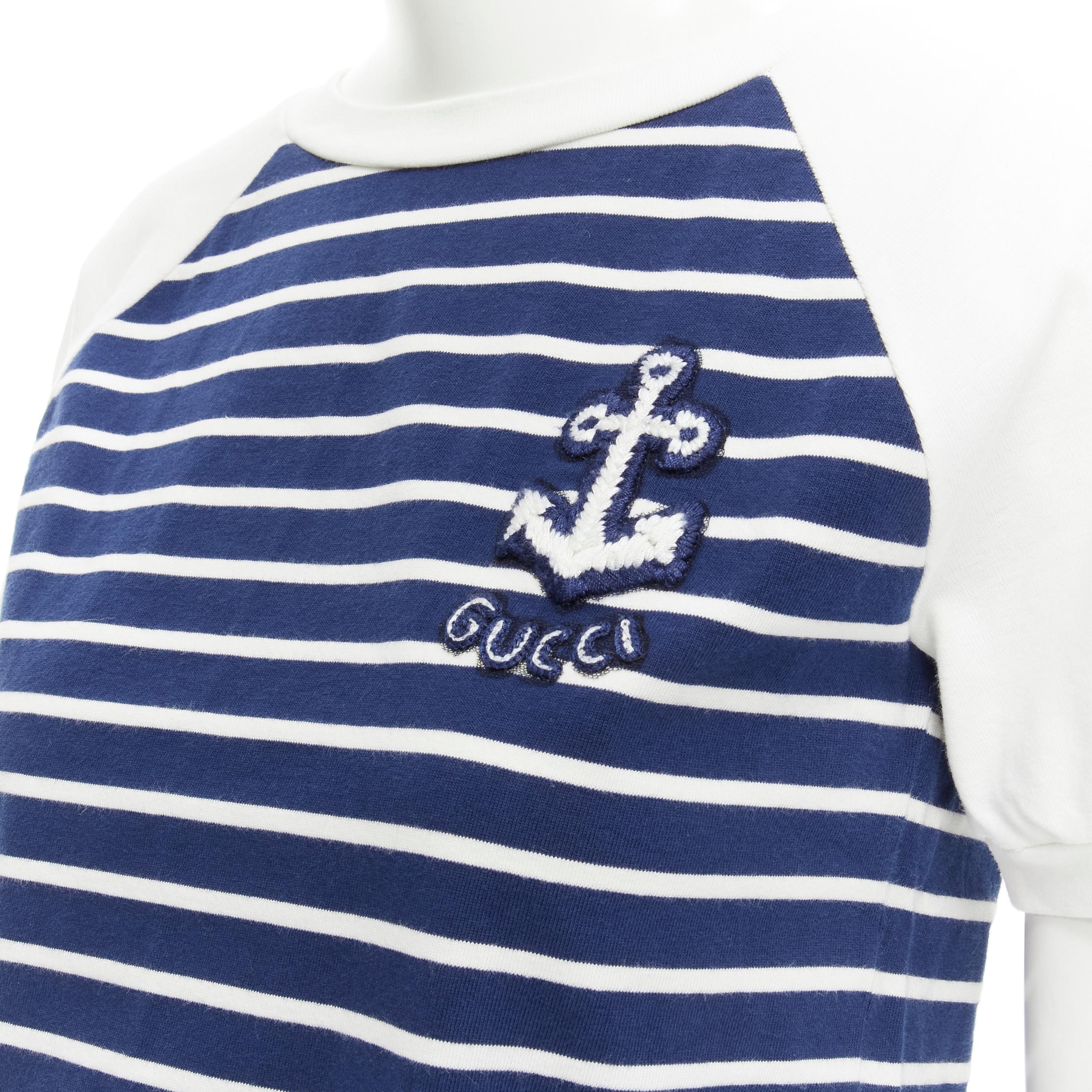 GUCCI white blue stripe nautical sailor logo embroidered cropped top tshirt XS 
Reference: CECU/A00013 
Brand: Gucci 
Designer: Alessandro Michele 
Material: Cotton 
Color: Blue 
Pattern: Striped 
Extra Detail: Sailor logo embroidered patch at