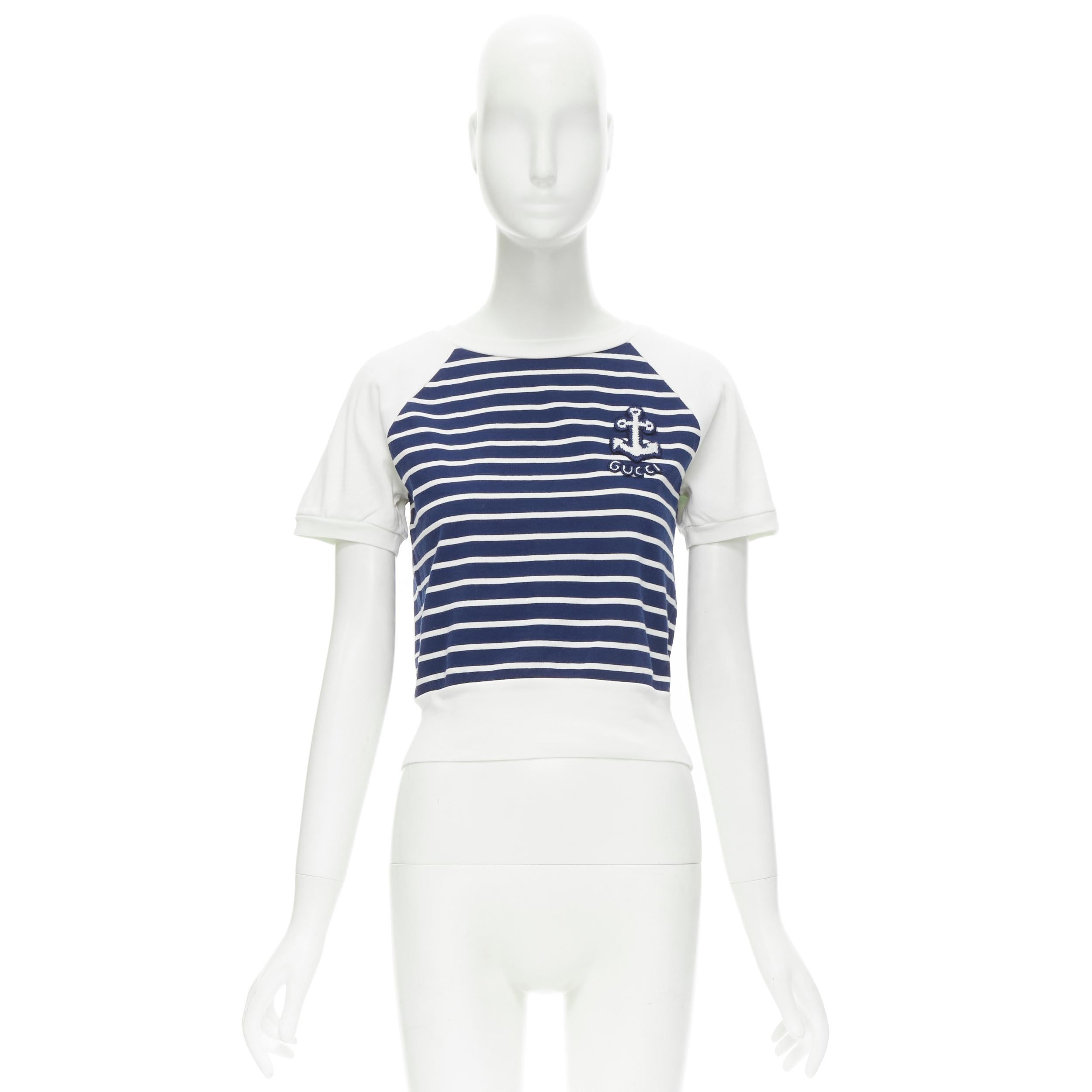 GUCCI white blue stripe nautical sailor logo embroidered cropped top tshirt XS 2