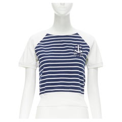 GUCCI white blue stripe nautical sailor logo embroidered cropped top tshirt XS