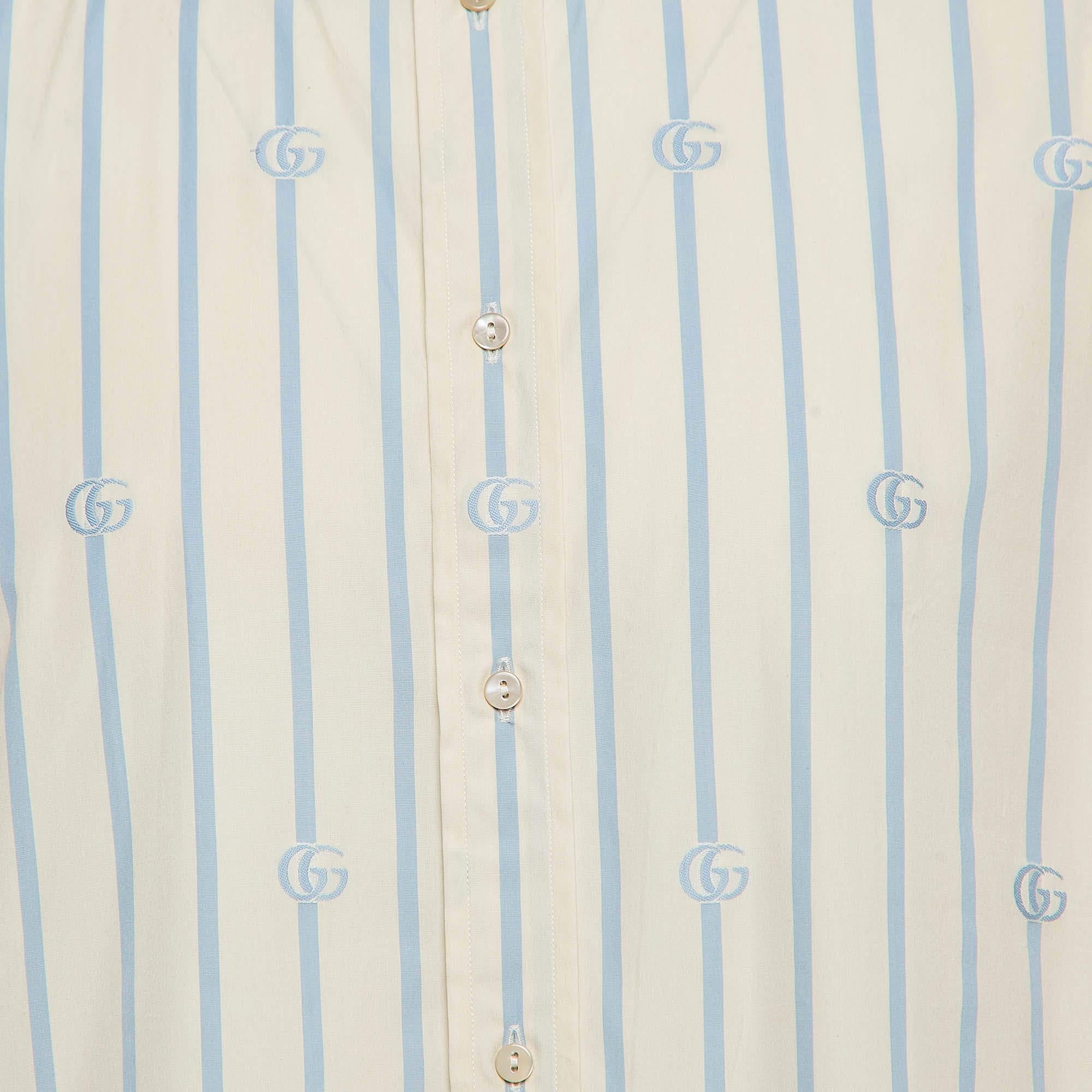 Gucci White/Blue Striped GG Embroidered Cotton Long Sleeve Shirt XXL 1