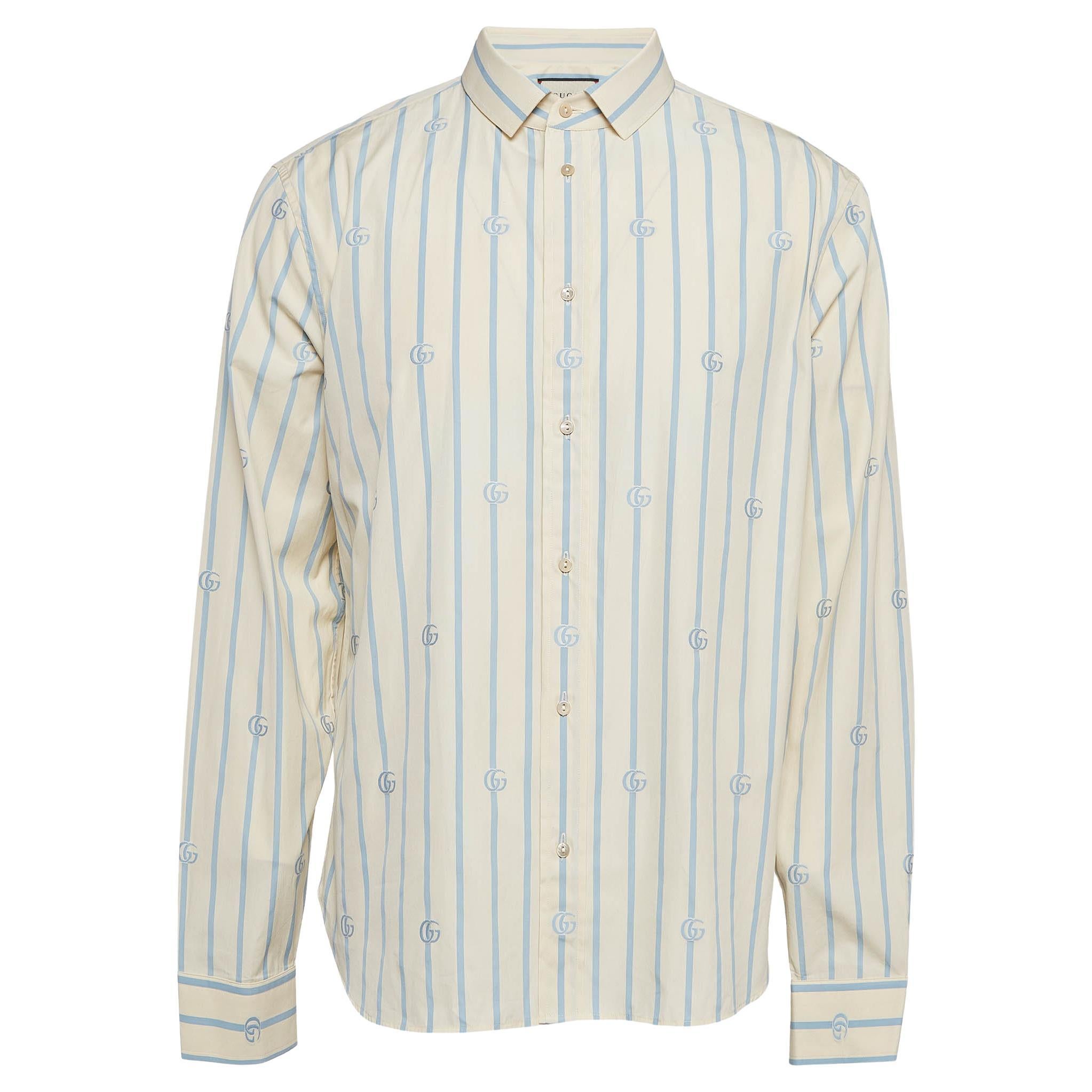 Gucci White/Blue Striped GG Embroidered Cotton Long Sleeve Shirt XXL