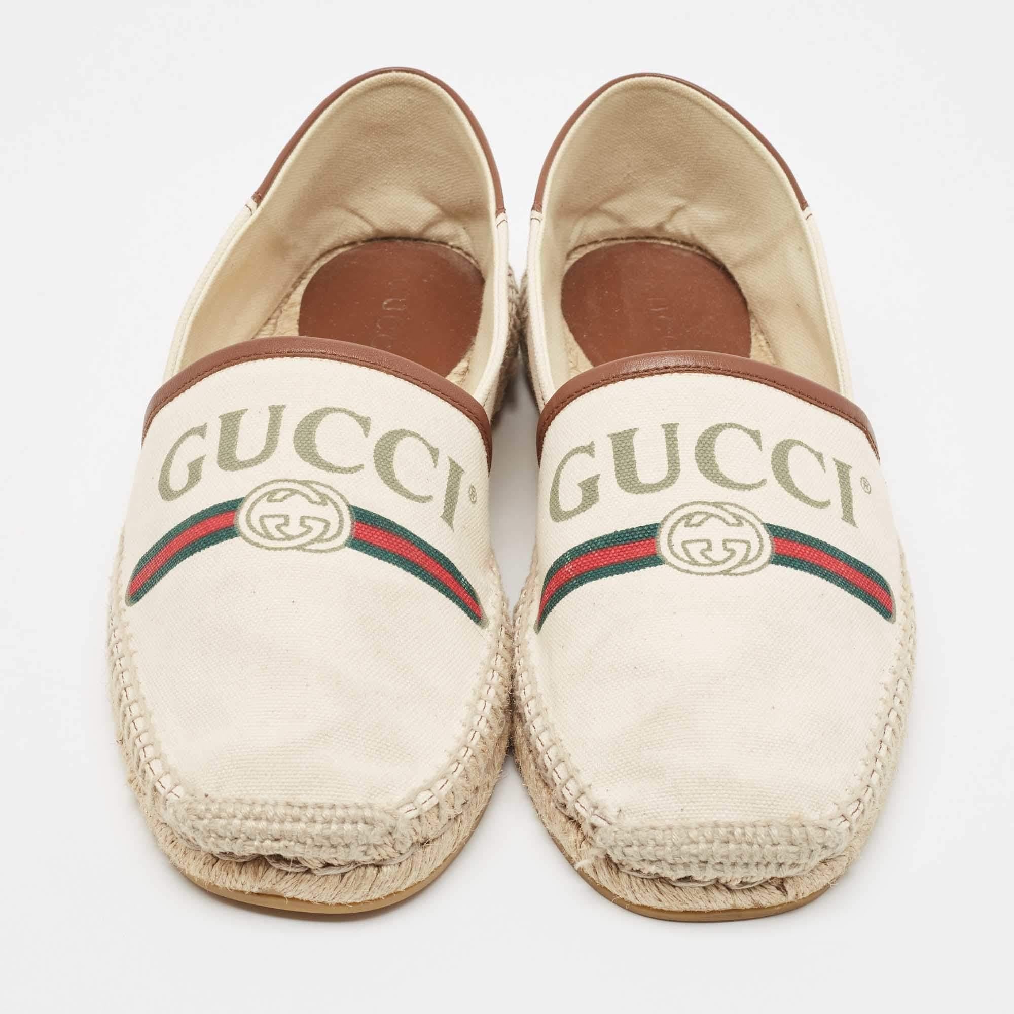 Women's Gucci White/Brown Leather and Canvas Espadrille Flats Size 40