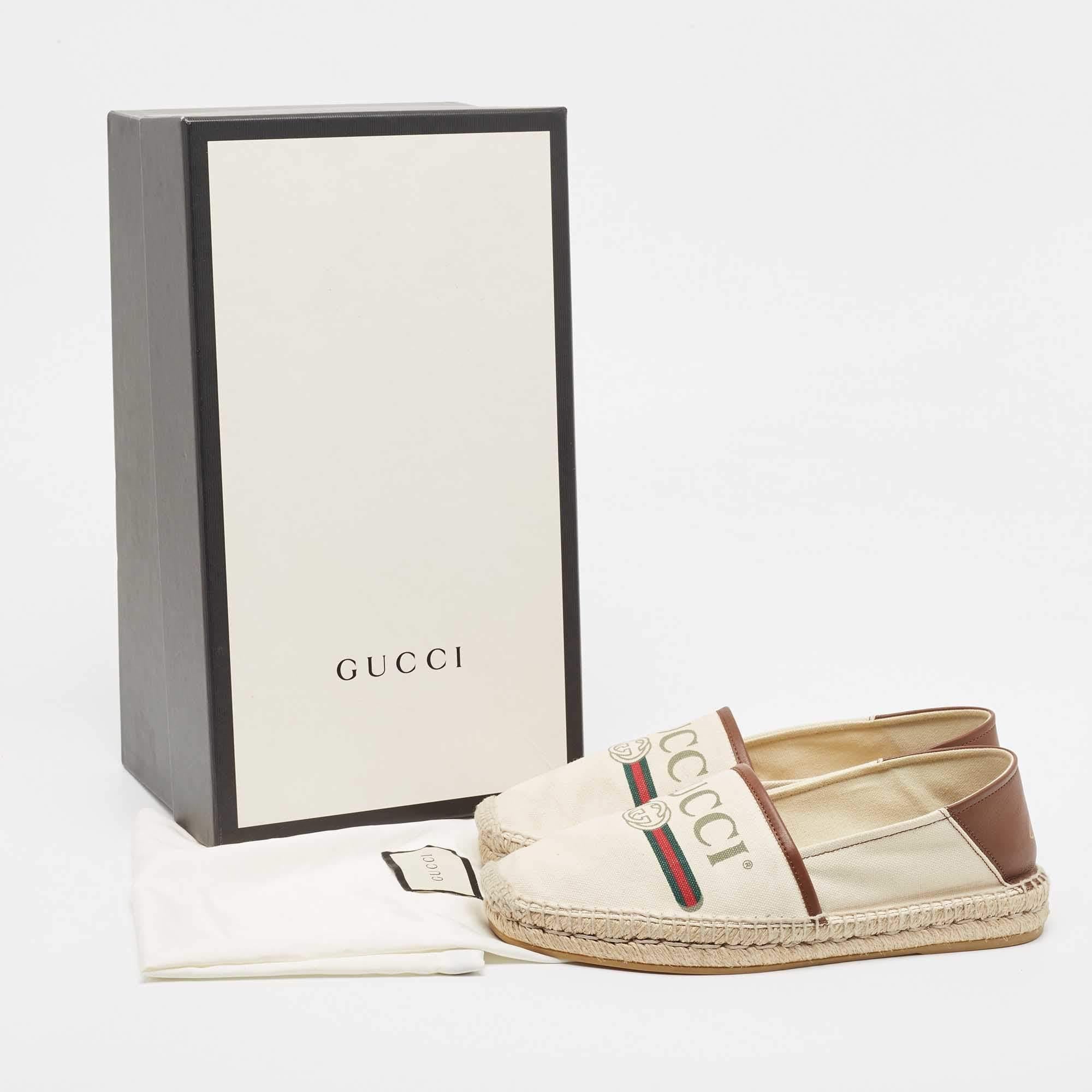 Gucci White/Brown Leather and Canvas Espadrille Flats Size 40 5