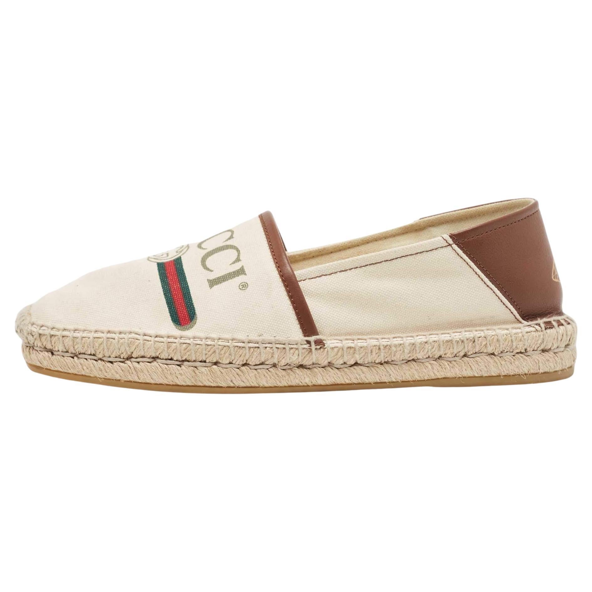 Gucci White/Brown Leather and Canvas Espadrille Flats Size 40