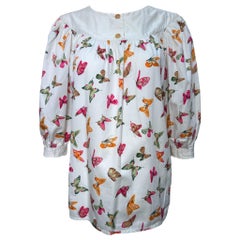 Gucci Weiße Baumwollbluse mit Schmetterlingsdruck, 1970er Jahre