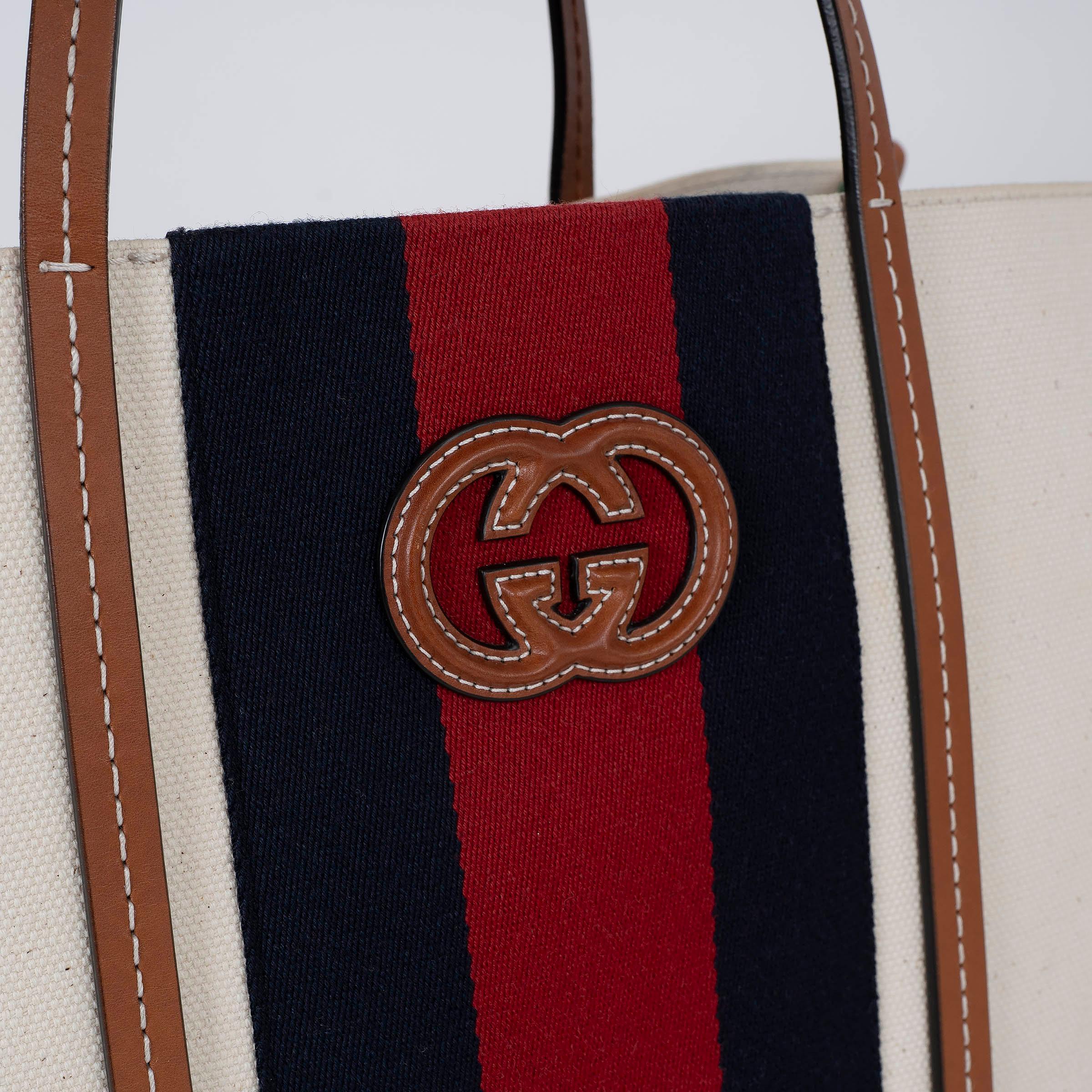 GUCCI white canvas 2023 INTERLOCKING G WEB MEDIUM Tote Bag For Sale 1