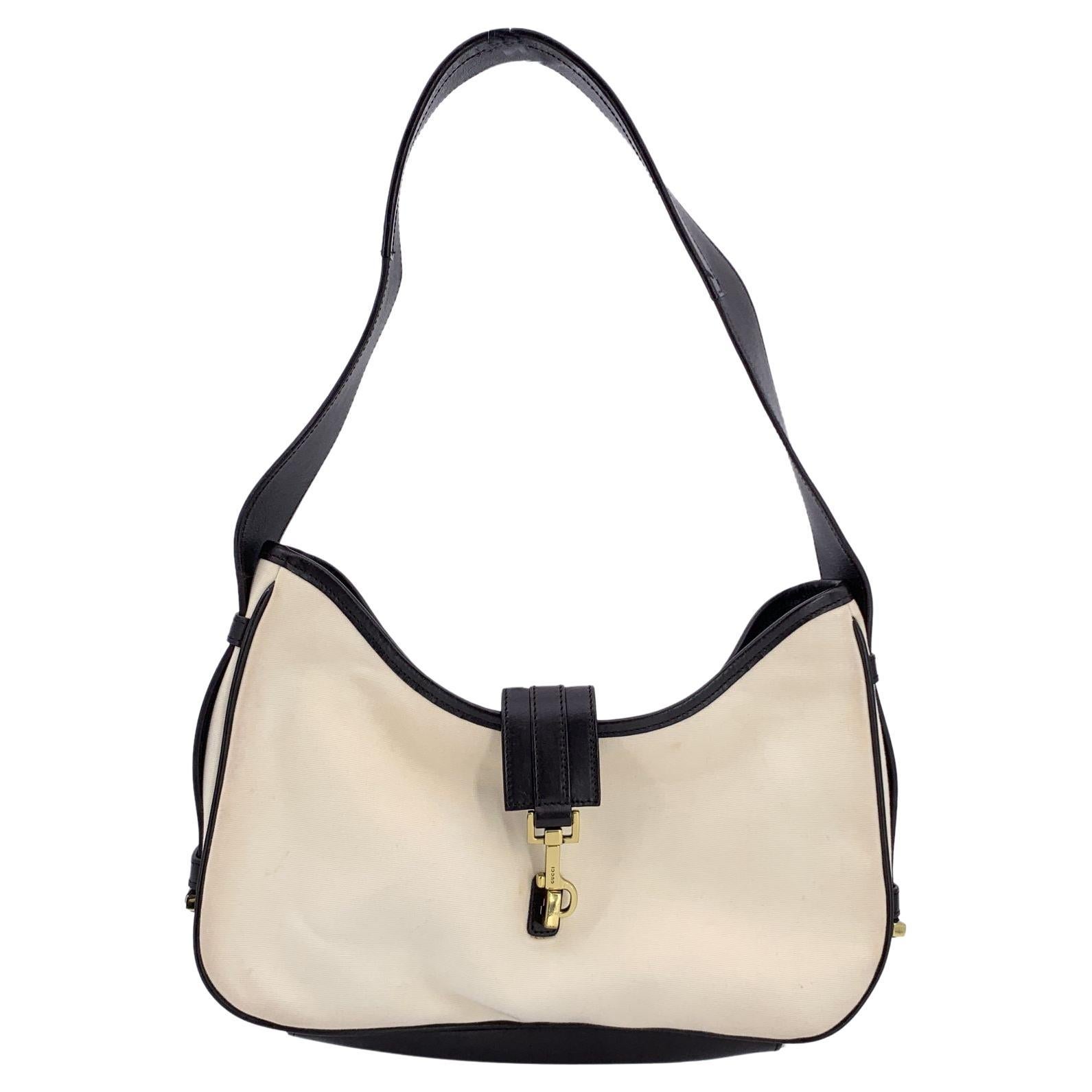 Gucci White Canvas and Brown Leather Hobo Bag Shoulder Bag For Sale