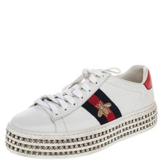 Gucci White Canvas And Leather Ace Crystal Embellished Sneakers Size 36