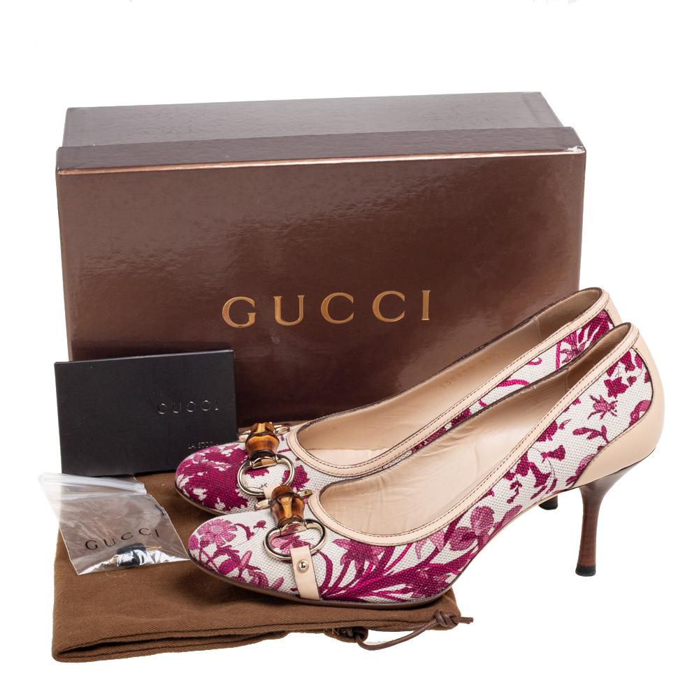 Gucci White Canvas And Leather Floral Print Bamboo Horsebit Pumps Size 38.5 2