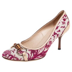 Gucci White Canvas And Leather Floral Print Bamboo Horsebit Pumps Size 38.5