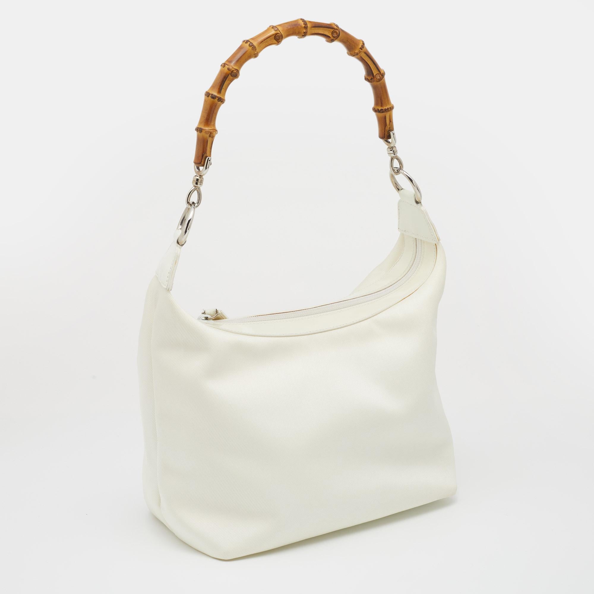 Gucci White Canvas And Leather Peggy Bamboo Hobo 1
