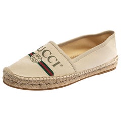 Gucci White Canvas And Leather Trim Logo Print Espadrilles Size 38.5