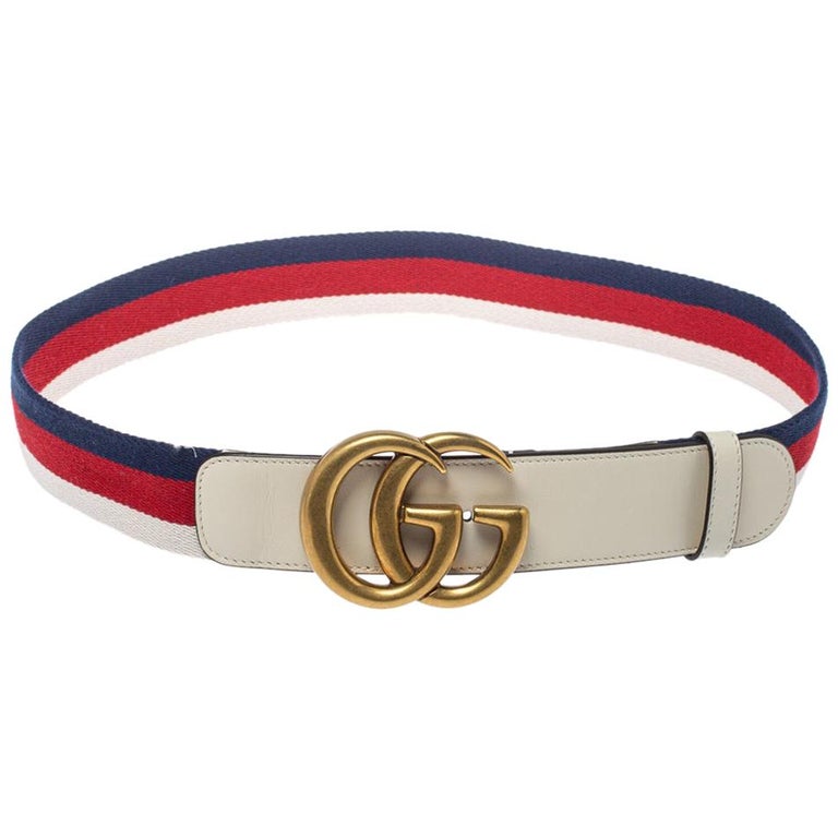 Gucci White Canvas and Leather Web GG Marmont Belt 85CM at 1stDibs