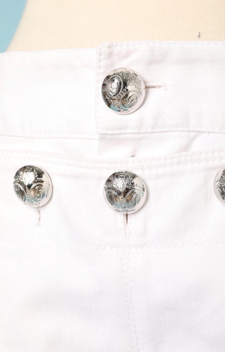 Pantalon à pont vintage en toile blanche style marin Gucci, boutons argentés à monogramme, taille basse, évasé dans le bas, dos avec boutonnière pour lacets