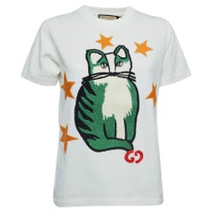 Gucci White Cat Embroidered Cotton T-Shirt XS