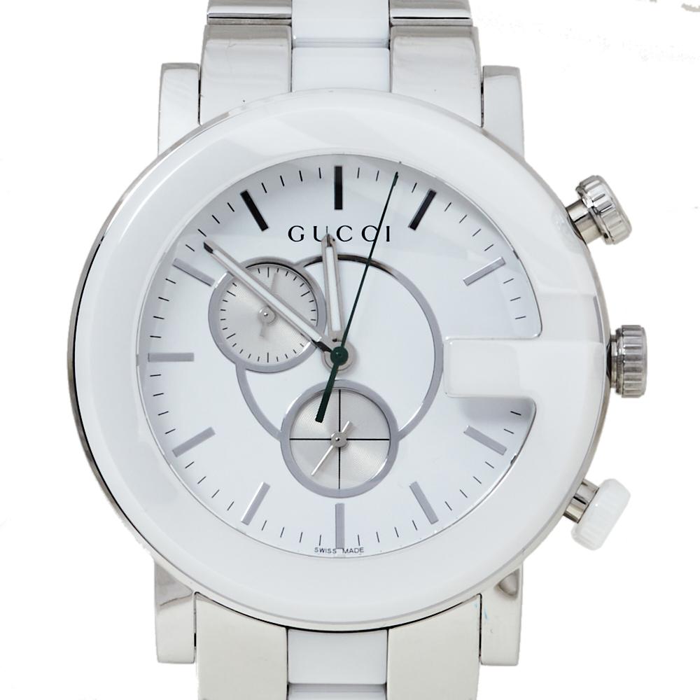 Contemporary Gucci White Ceramic & Stainless Steel G Chrono 101M Men's Wristwatch 42 mm